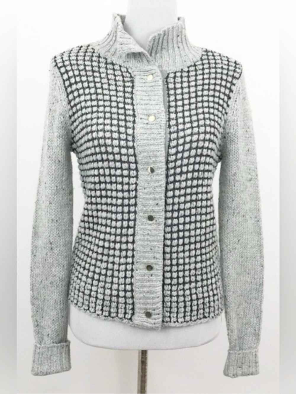 Cabi L Gray CozyTextured Knit Cardigan Jacket Cotton Blend Snap Front Coastal